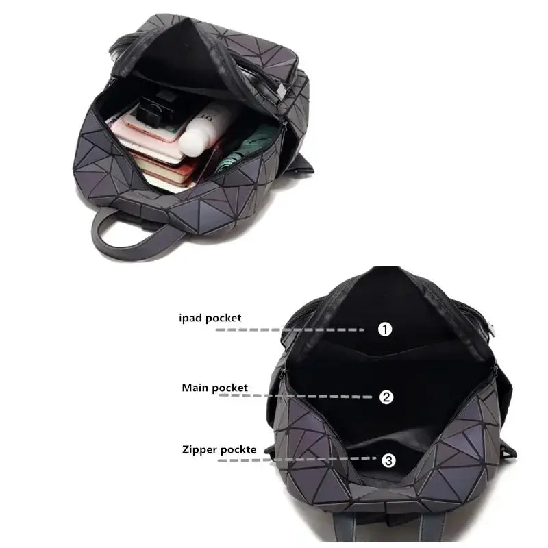 Luminous PVC holographic backpack with geometric panels; school bag with iPad pocket, main pocket and zipper pocket.