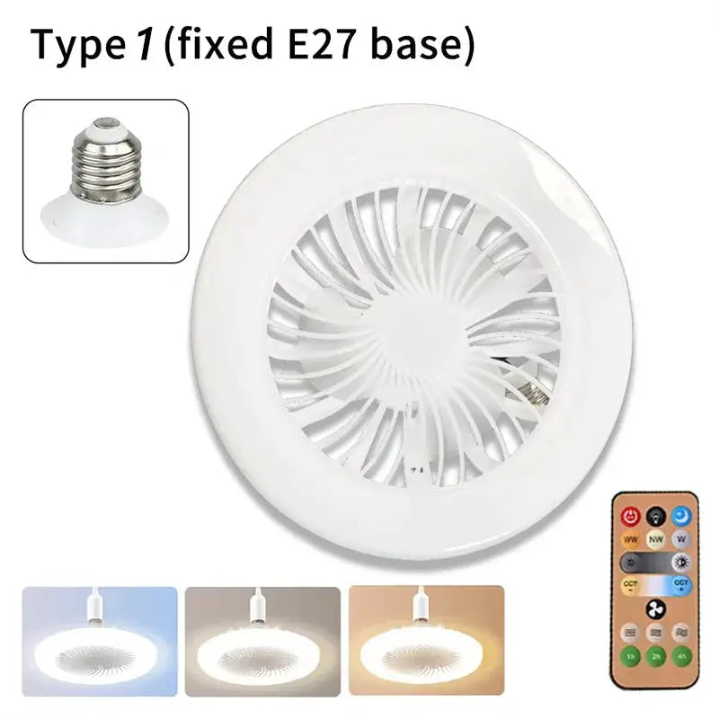 2-in-1 ceiling fan lamp with fixed E27 base, dimmable LED light, remote control
