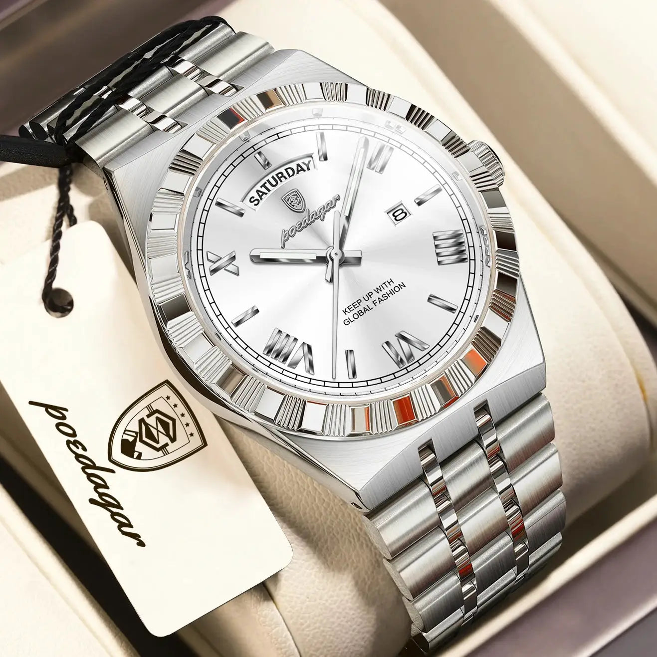 POEDAGAR silver-tone stainless steel quartz men's wristwatch with day/date display