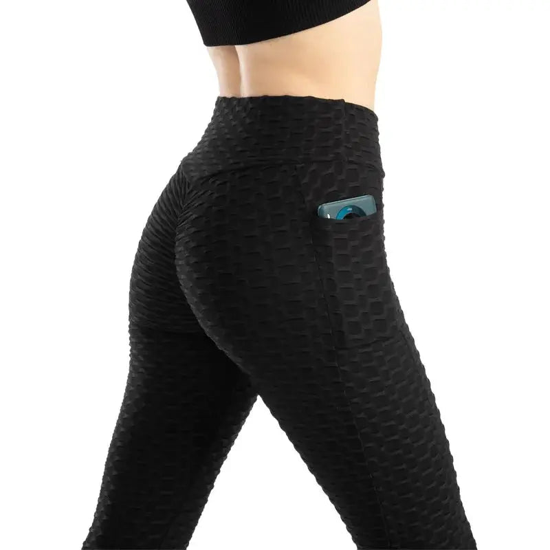 Women’s pocket bubble leggings, black high-waisted textured stretchy pants with a side pocket — Simples Market