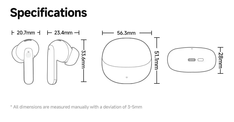 QCY MeloBuds Pro wireless earphones (2 buds) and charging case; black-and-white dimensional schematic.