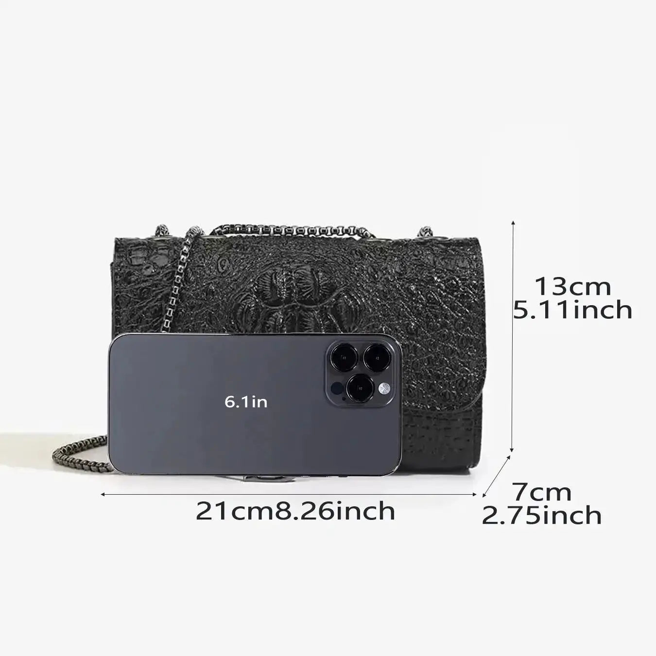 Women's luxury sequined crossbody handbag in black with chain strap by Simples Market, 21x13x7 cm.
