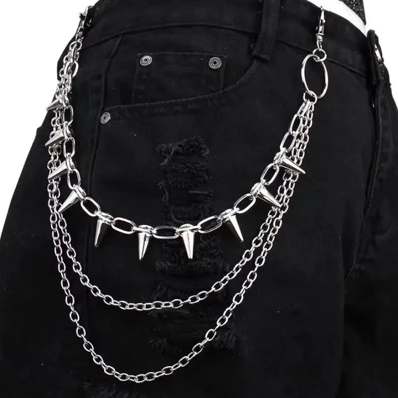 PunkPulse Layered Spike Rivet Metal Chain Belt Keychain For Unisex Biker Goth Style Jeans And Pants