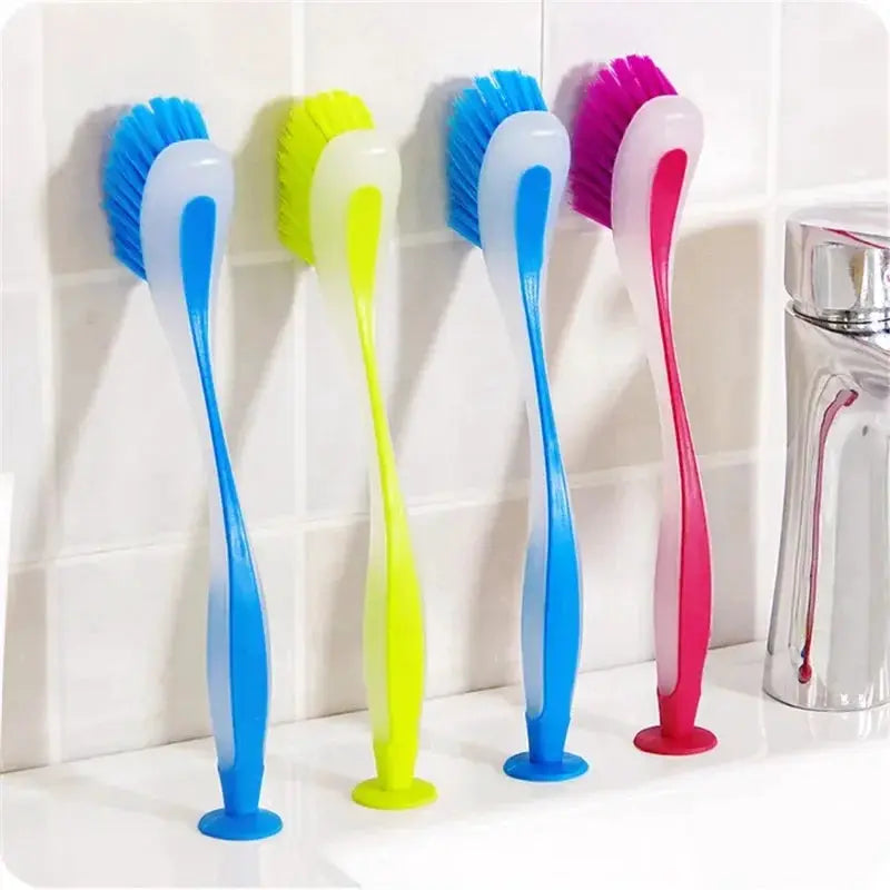 4-pack pot cleaning brushes with long handles and suction-cup bases in blue, neon lime, blue, and pink