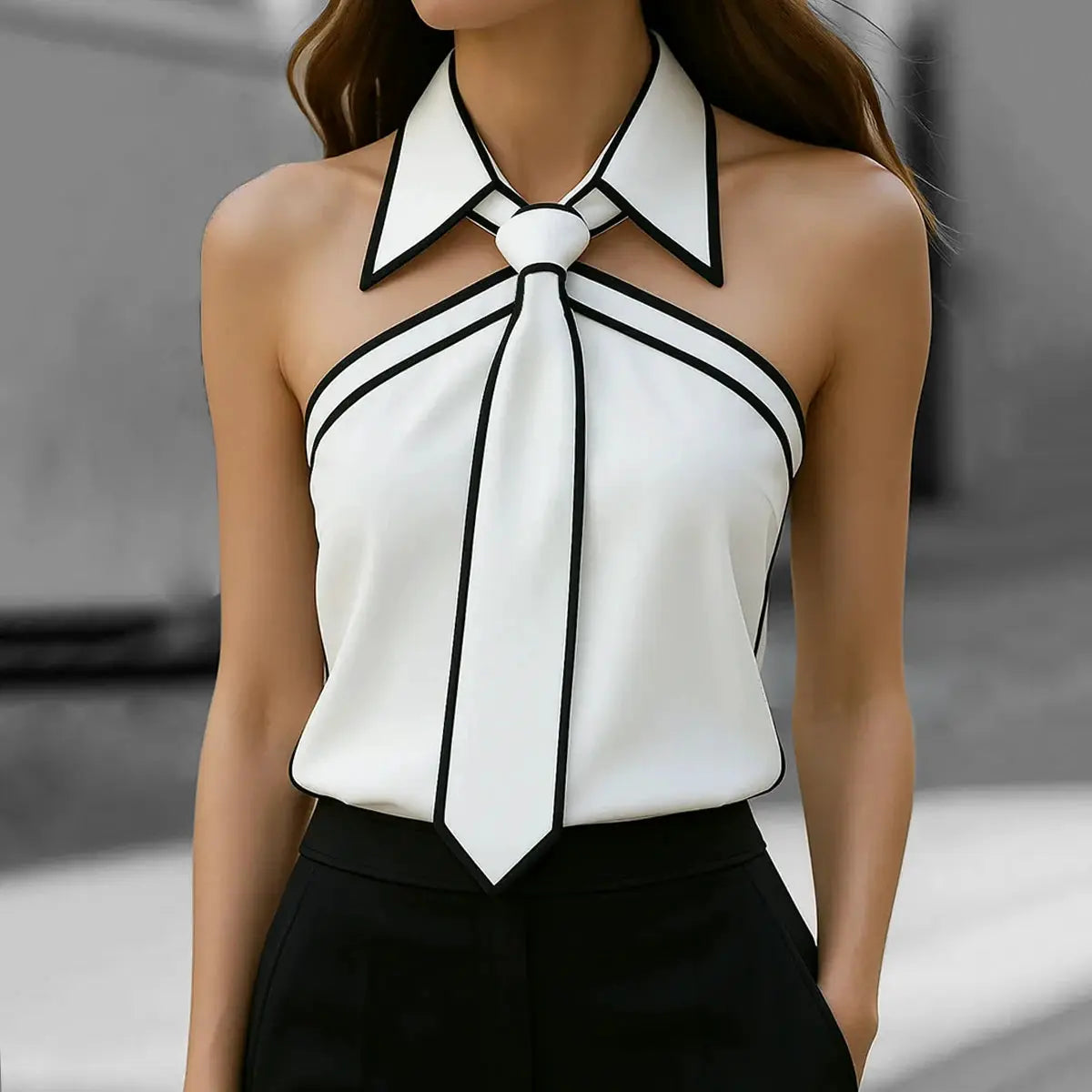 Simples Market white tie-neck blouse with black piping, lapel collar, sleeveless, loose fit