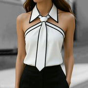 Simples Market white tie-neck blouse with black piping, lapel collar, sleeveless, loose fit