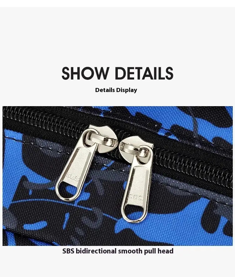 Backpack for boys by Simples Market with blue camouflage pattern and SBS bidirectional zipper pulls
