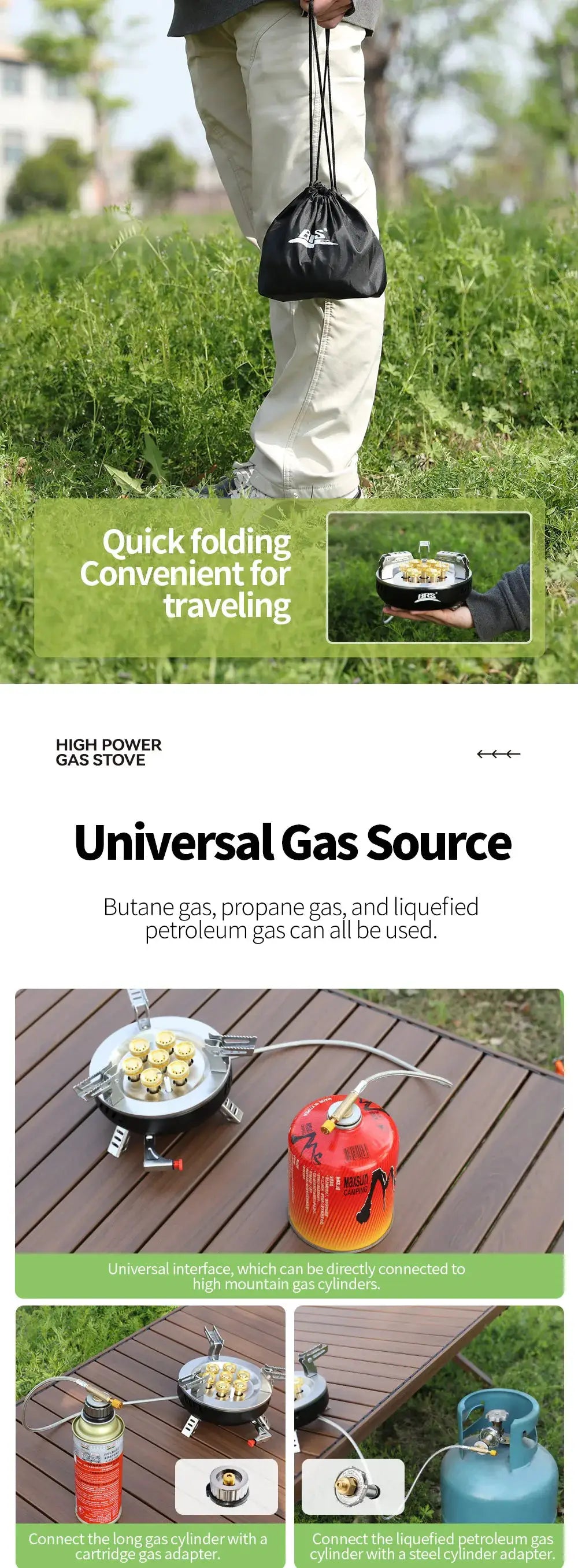 BRS-207/BRS-203 outdoor folding gas stove by Simples Market in a portable black drawstring carry bag