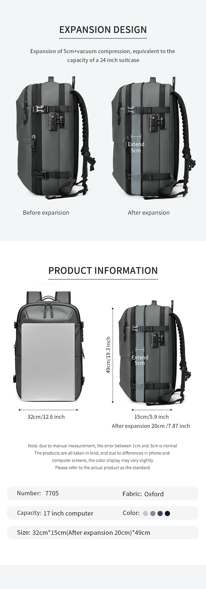 Men travel backpack with vacuum compression for 17-inch laptop; expandable design, gray Oxford fabric, two views.