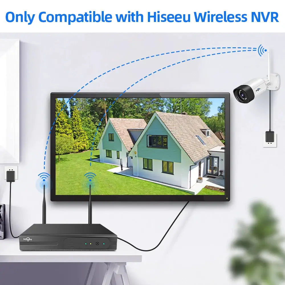 Hiseeu wireless IP camera system (3 items): white wall-mounted camera, black NVR box, and monitor