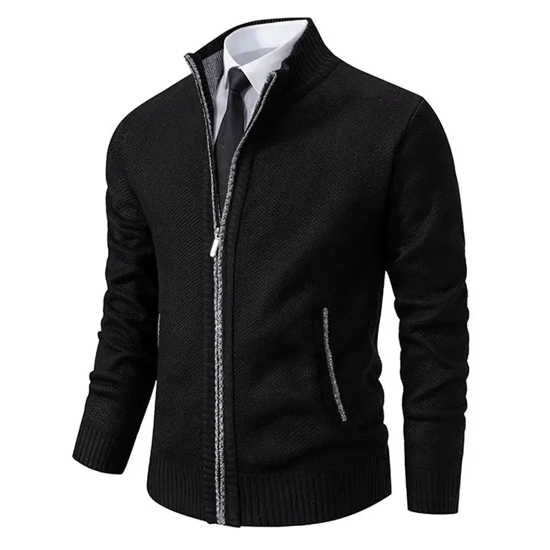 Mens Autumn Winter Solid Color Casual Sports Coat Stand Collar Fleece Lined Zipper Cardigan Warm