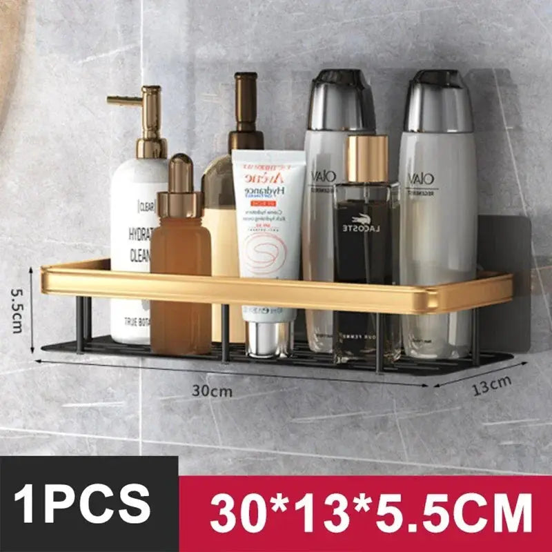 Bathroom shelf aluminum alloy shower rack in gold by Simples Market; holds shampoos and bottles.