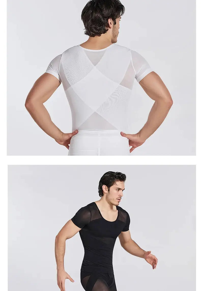 Men's mesh body shaper undershirt; white geometric-panel top and black mesh tee, 2 tops