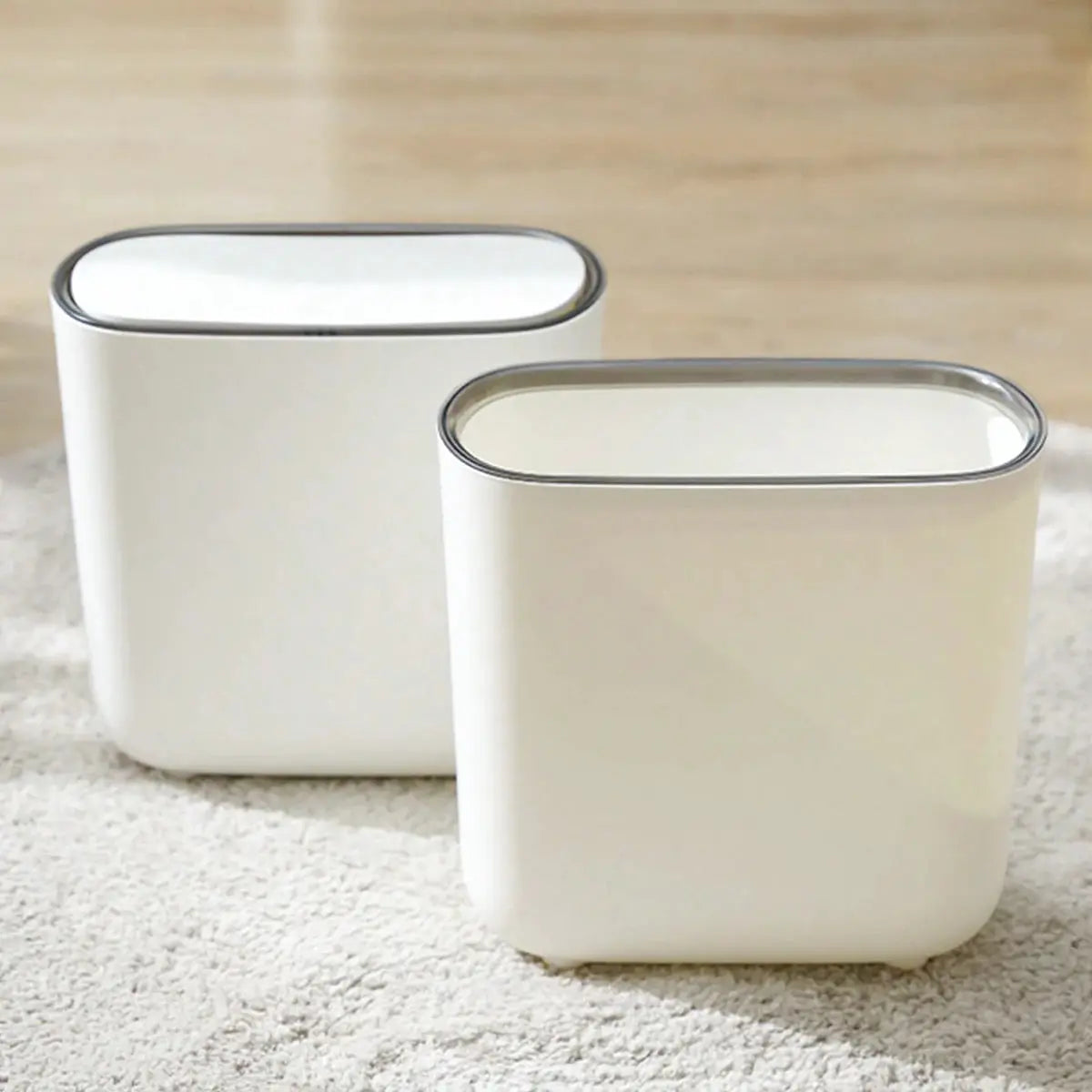 Narrow shape press-ring trash can with lid, white plastic with metal rim, bathroom bin set of 2