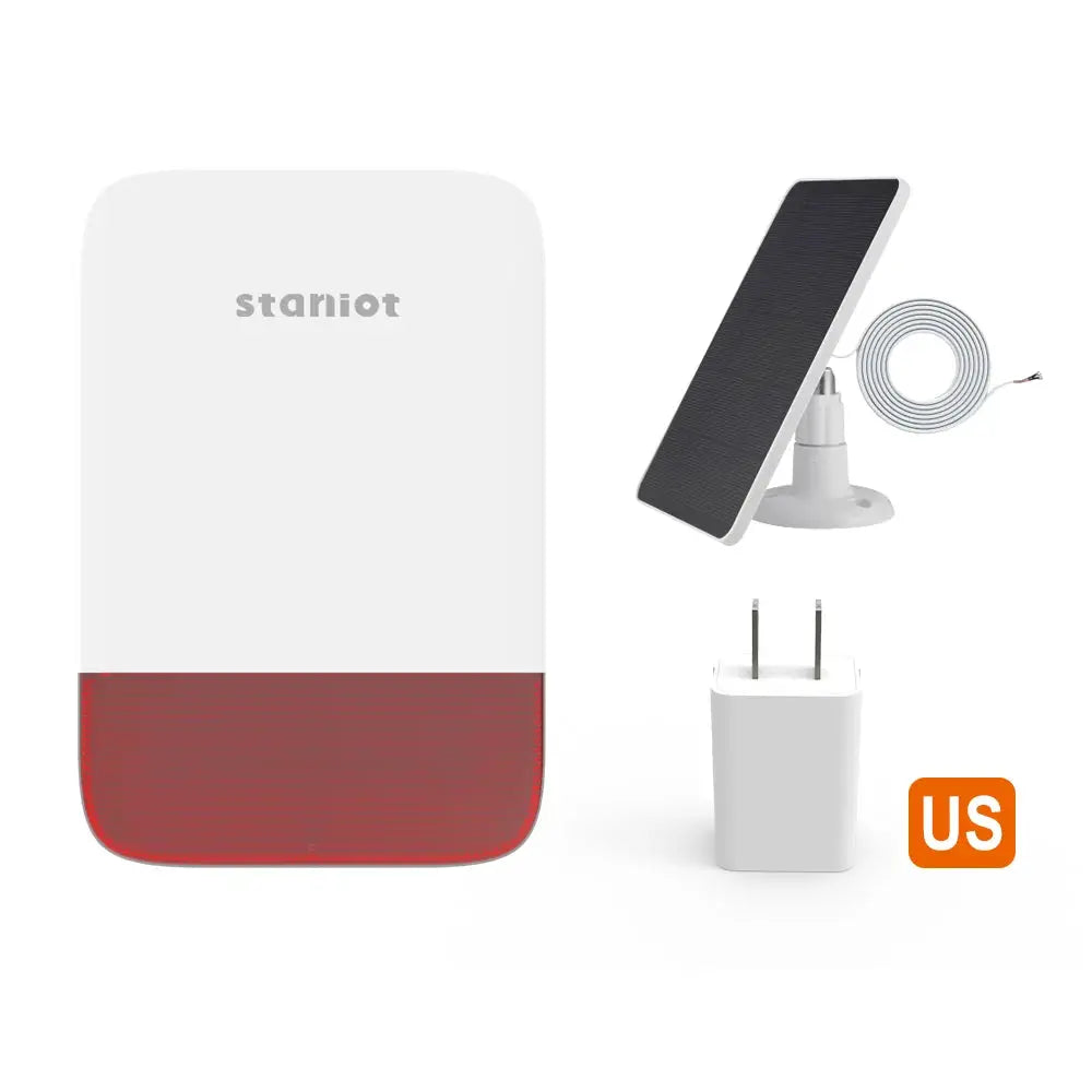 Staniot Wireless Strobe Siren with solar panel kit; white unit with red base and US charger