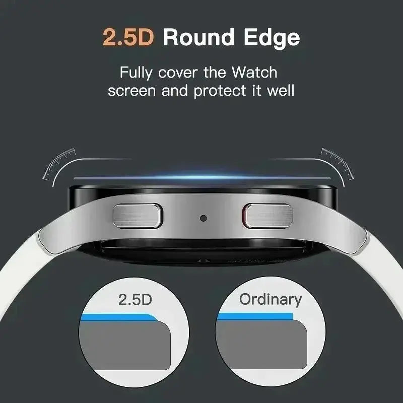 Glass protective film for Samsung Galaxy Watch; 2.5D round-edge, full-coverage screen protector for 40–47mm models.