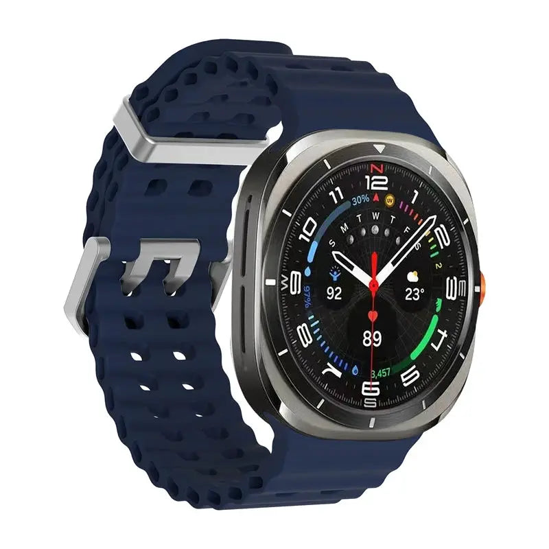 Blue silicone Marine Band strap for Samsung Galaxy Watch Ultra2, sports watchband with silver buckle.
