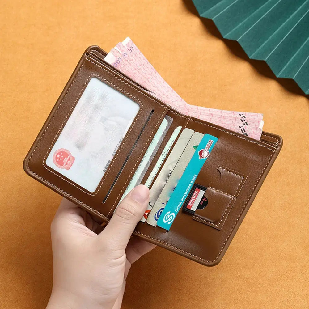 Simples Market PU leather RFID wallet for men, brown slim vertical design with ID window and card slots