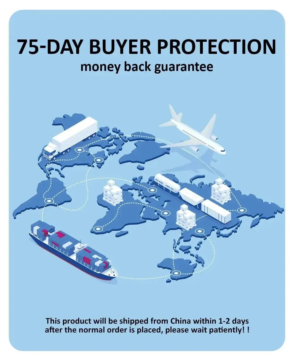 Promotional banner with blue world map shipping routes, plane and cargo ships; 75-DAY BUYER PROTECTION.