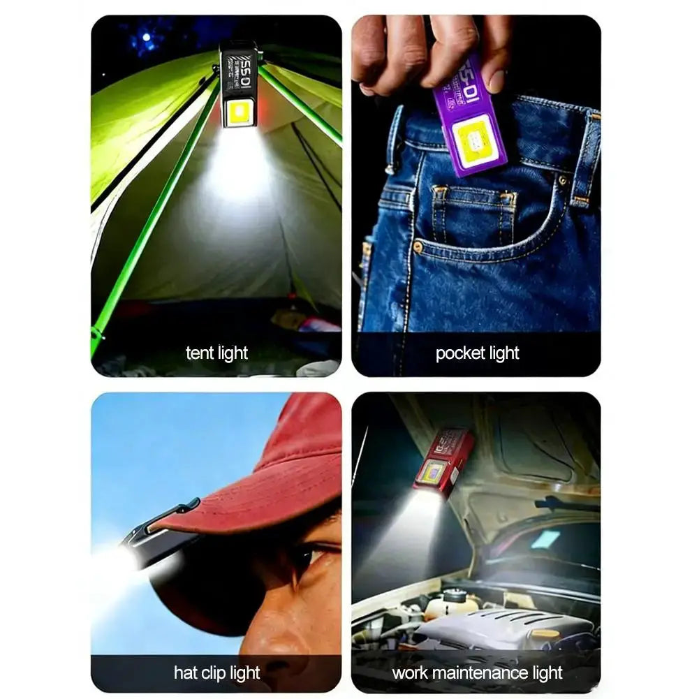 Powerful mini COB LED keychain flashlight; USB-C rechargeable, waterproof, shown as tent light, pocket light, hat clip light, and work light.