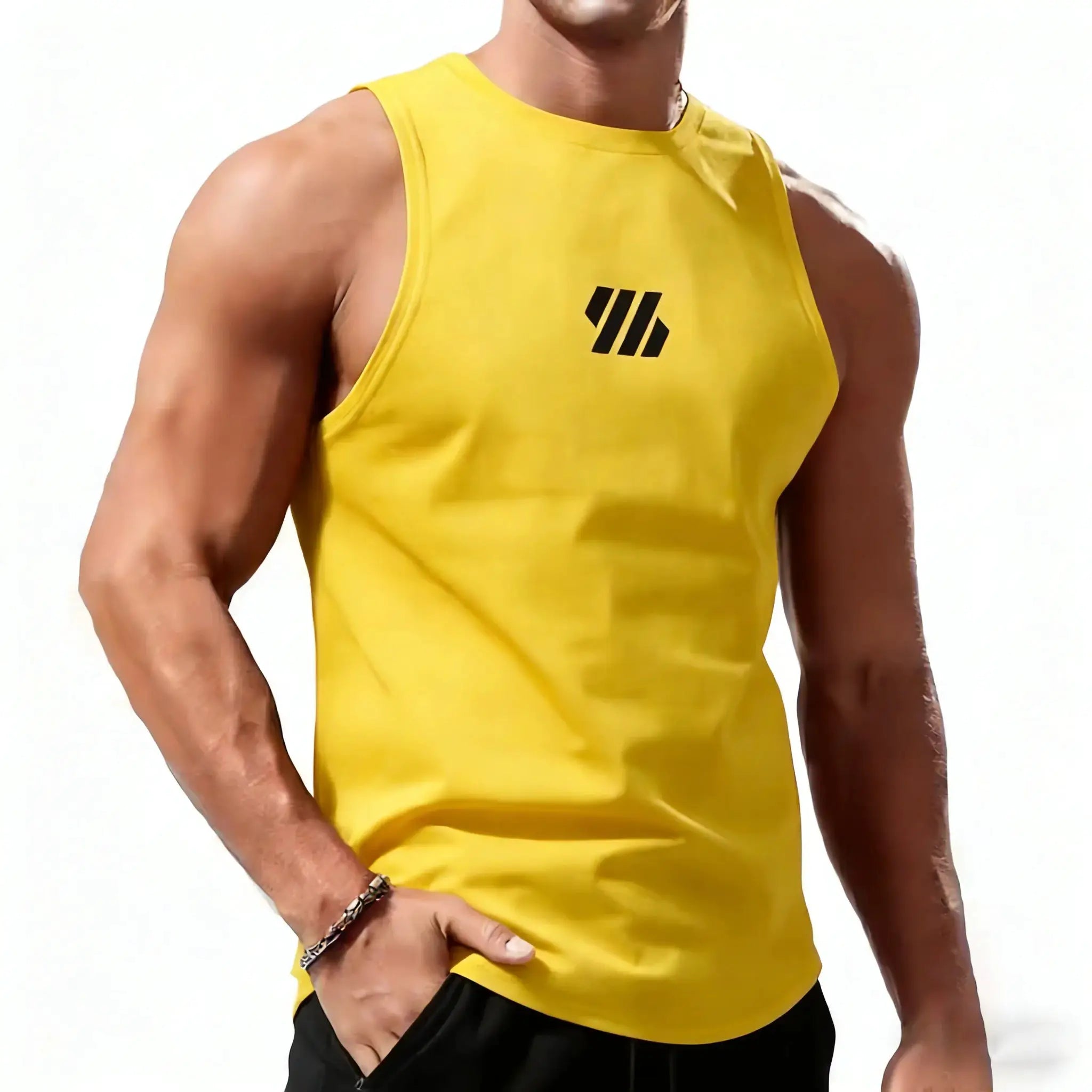 Men's yellow sleeveless sport vest with black three-diagonal-stripe logo on chest