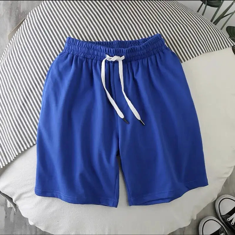 Blue men's gym shorts with white drawstring, breathable quick-dry polyester
