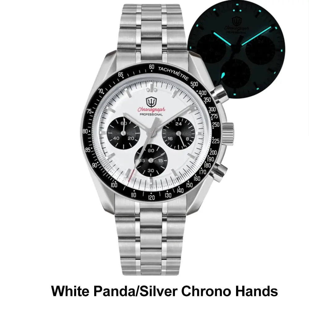 Watch: stainless steel men's chronograph with white dial, black subdials, and tachymeter bezel