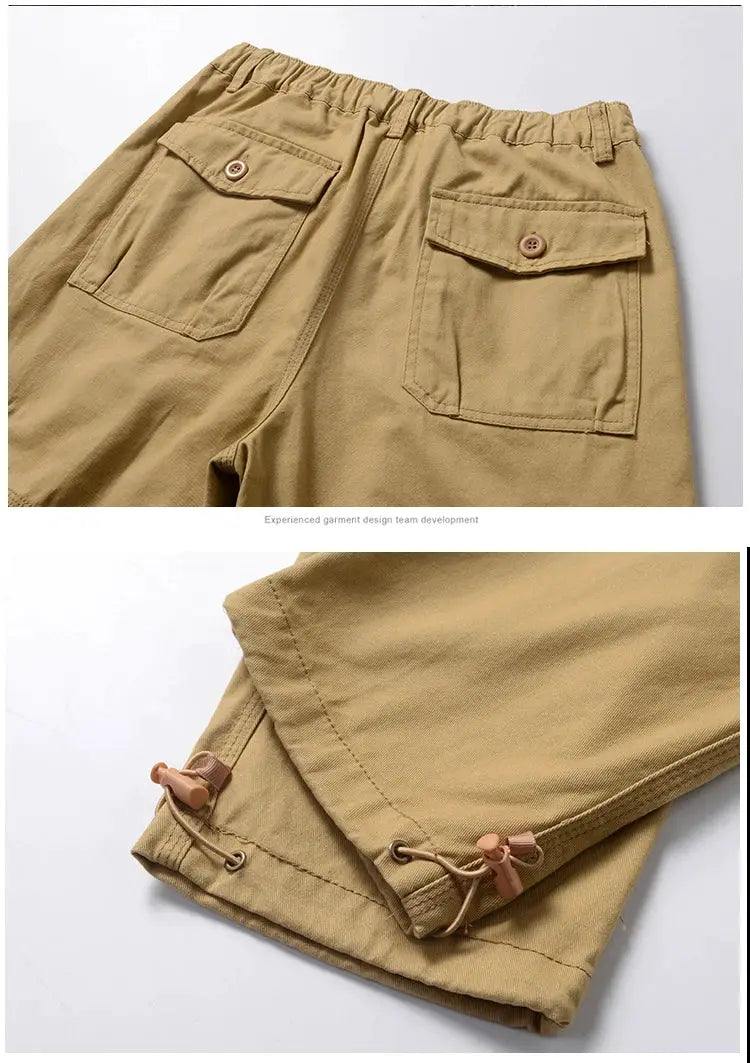 Men's tan cotton tactical cargo pants with elastic waist, dual back flap pockets and adjustable drawstring cuffs