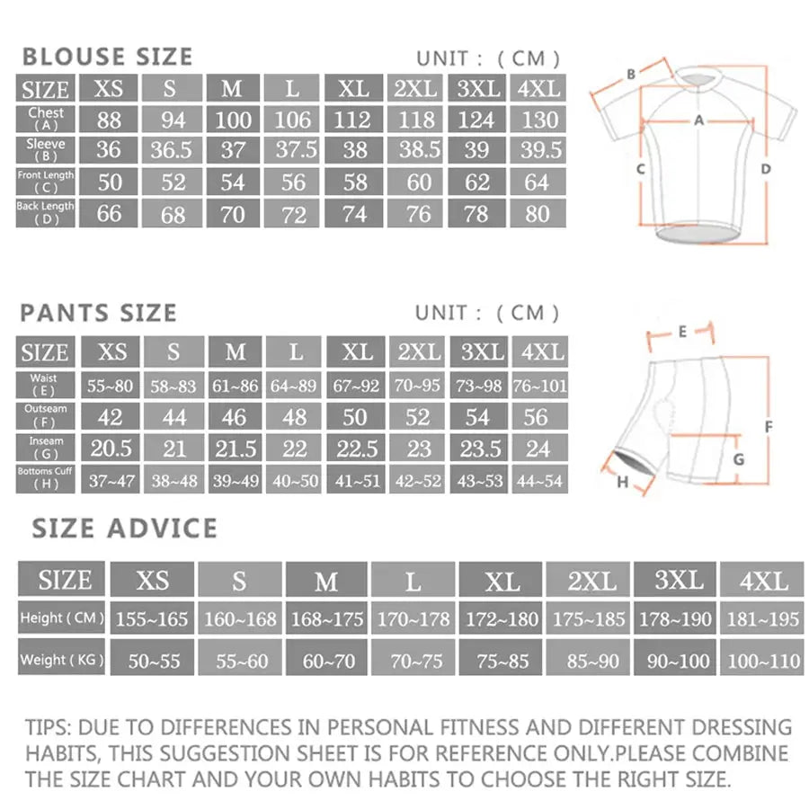 Cycling jersey and shorts sizing chart for men showing chest, sleeve, waist and inseam measurements with diagrams