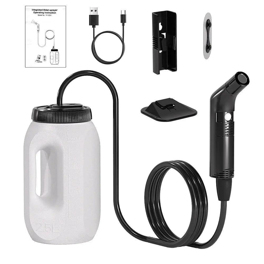 2.5L portable electric bidet by Simples Market with handheld spray, USB charger, hose and wall-mount accessories