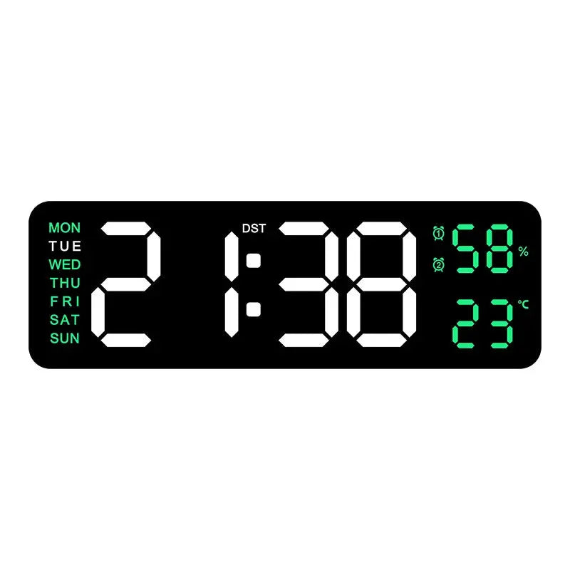 9-inch digital LED wall clock USB-powered with weekday column on left, large time display, humidity 58% and 23°C on right