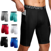 Men's compression shorts with pocket by Simples Market, black main pair; six color options shown.