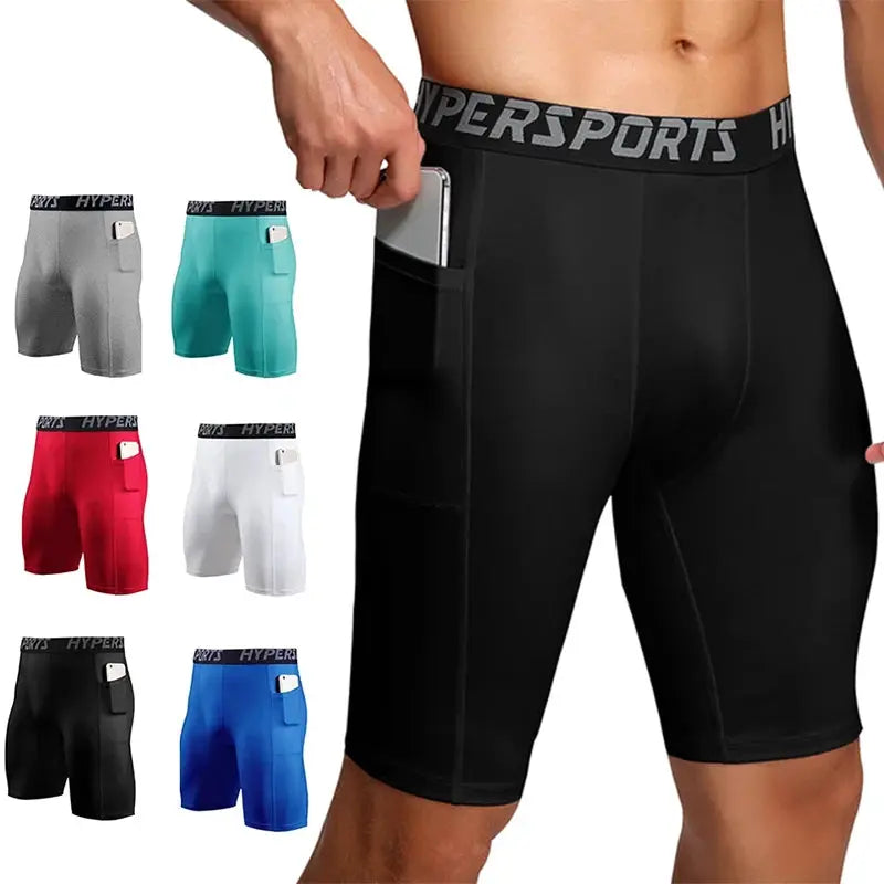 Men's compression shorts with pocket by Simples Market, black main pair; six color options shown.