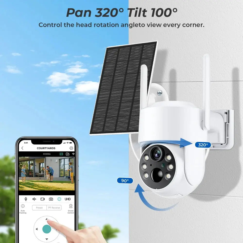 WiFi PTZ outdoor solar IP camera with 4MP HD, built-in battery, iCsee app control.