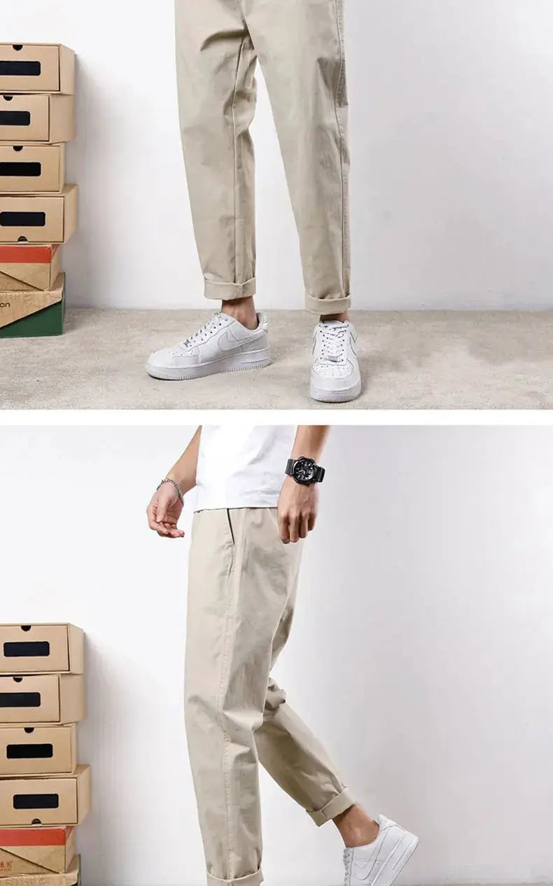 HIQOR men's cotton loose-fit beige casual pants with elastic waist