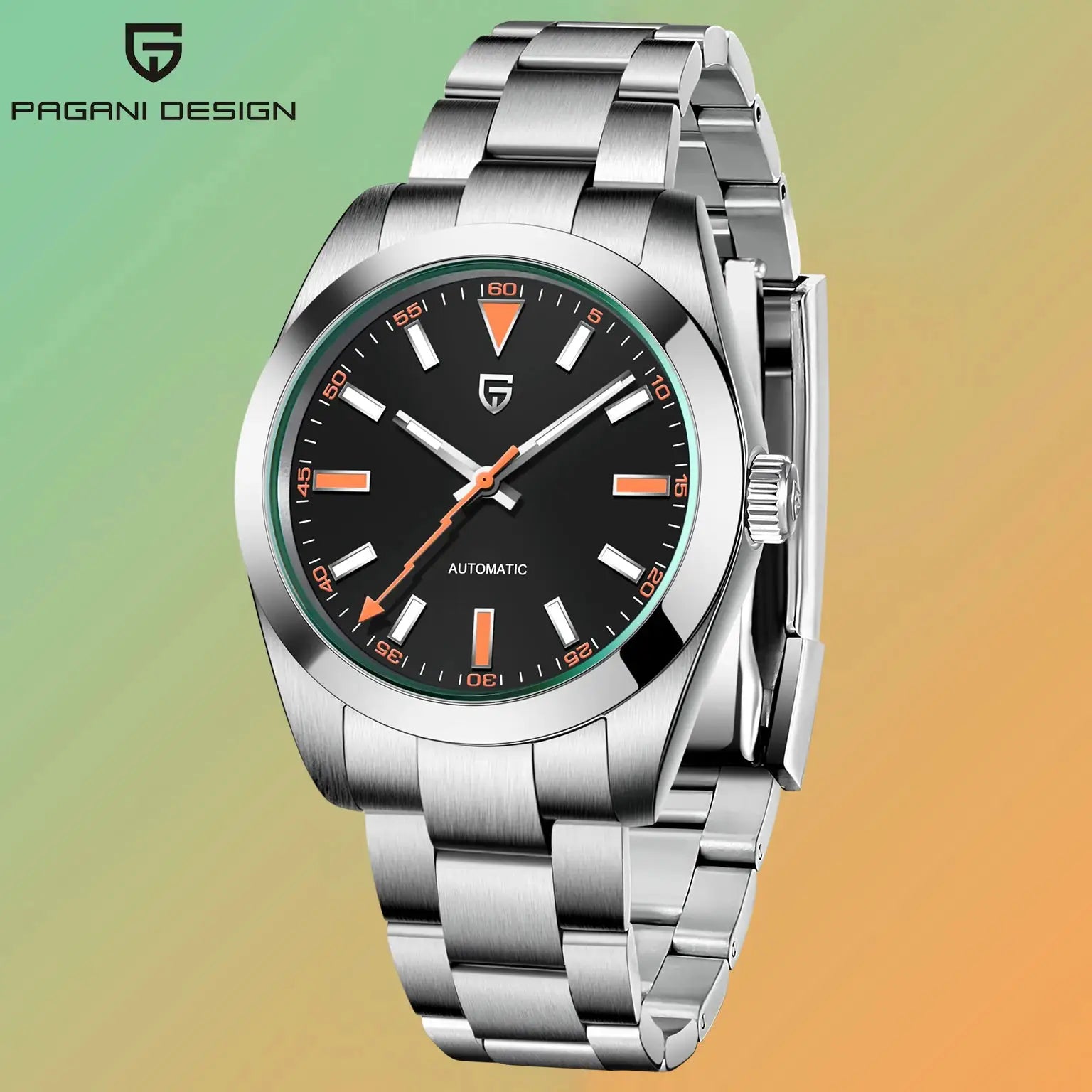 Pagani Design men's stainless steel automatic watch with black dial, green ring and orange markers
