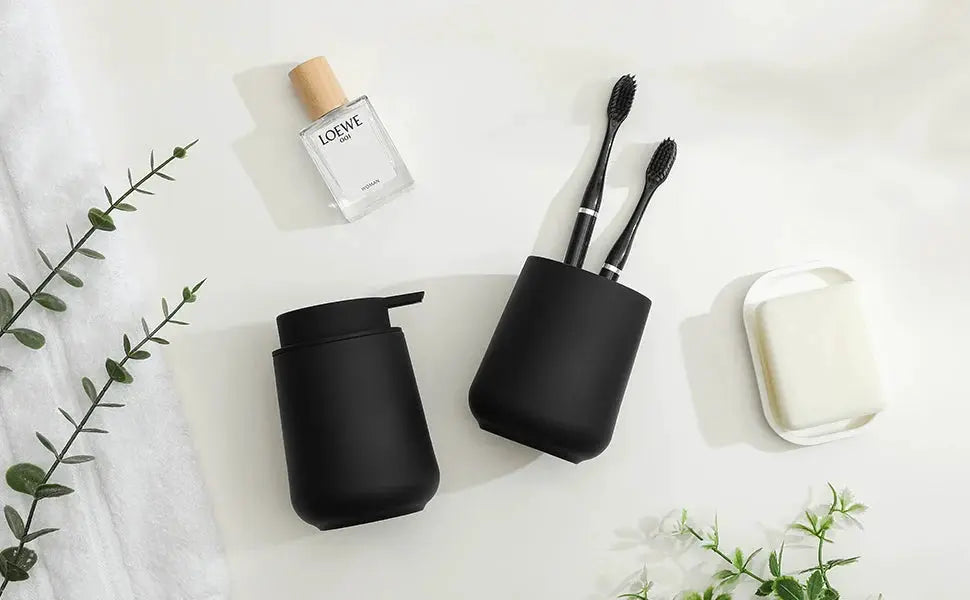 Simples Market matte black bathroom dispenser and cup 2-piece set for vanity.