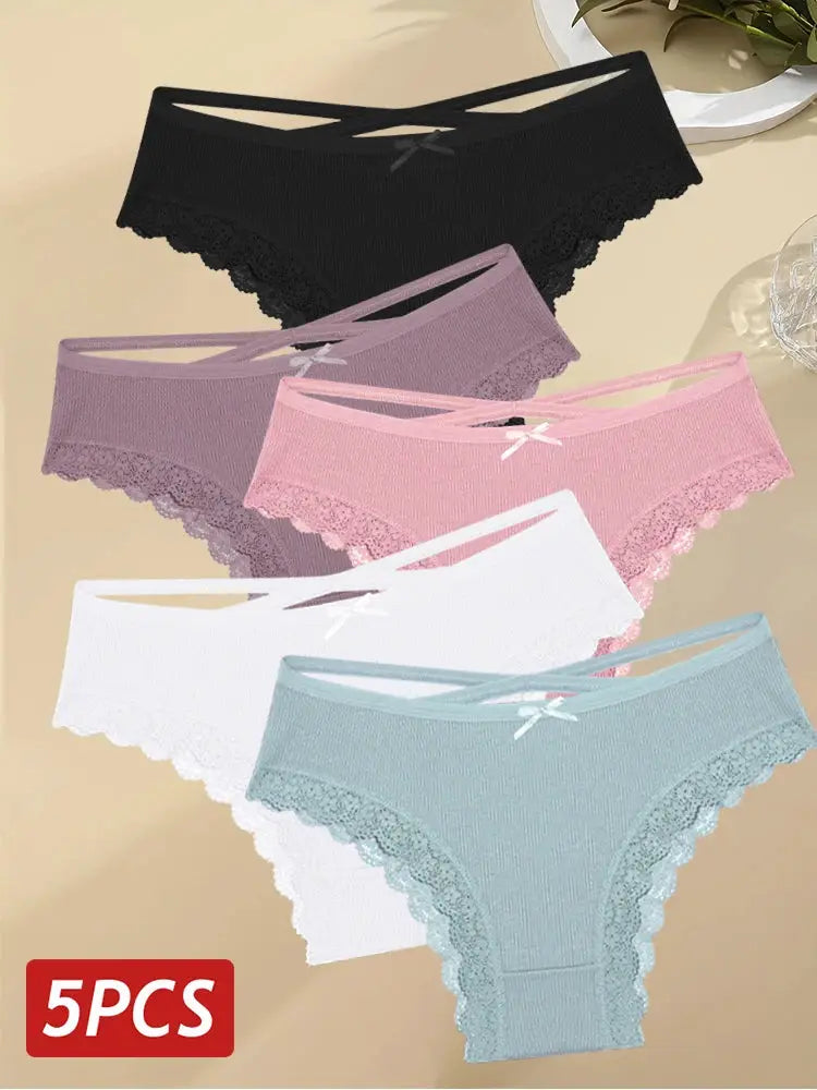 5-pack women's cotton lace-trimmed briefs by Simples Market in black, lavender, pink, white, and light blue