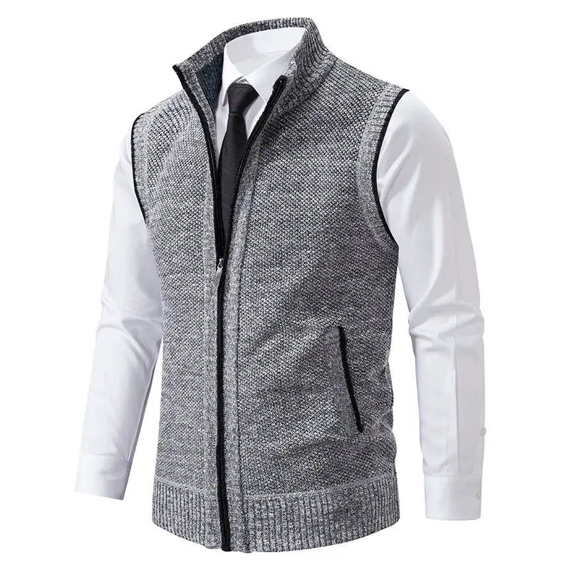 Men's grey knitted sleeveless vest with stand collar and zipper