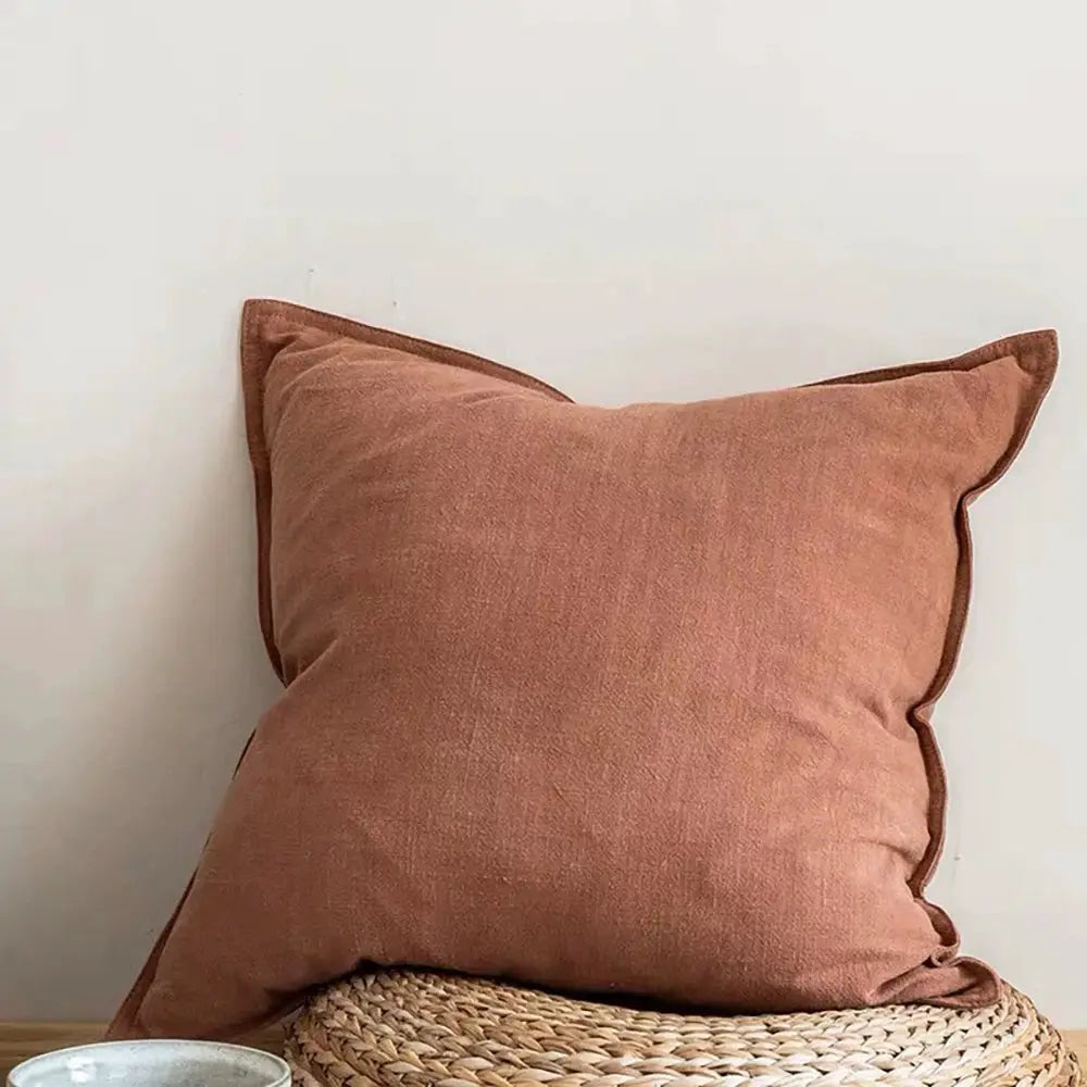 Ramie cushion cover in dusty rose, Boho farmhouse-style throw pillow for sofa or chair.