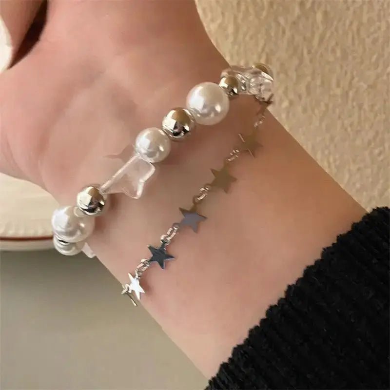 Double Layer Pearl Beaded Bracelet Inspired By Little Red Book Trend Star Shaped Jewelry Elegant Strand Wristband