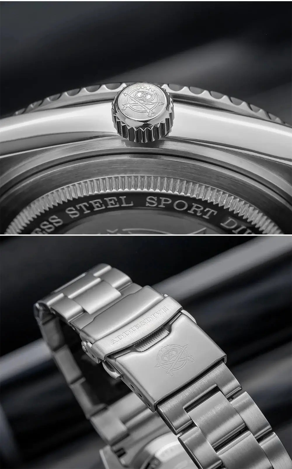 ADDIESDIVE luxury men's analog diver watch with stainless steel bracelet and engraved clasp logo