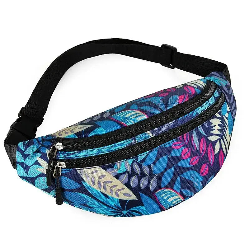 Simples Market sports waist pack, blue floral waterproof running belt with dual zippers