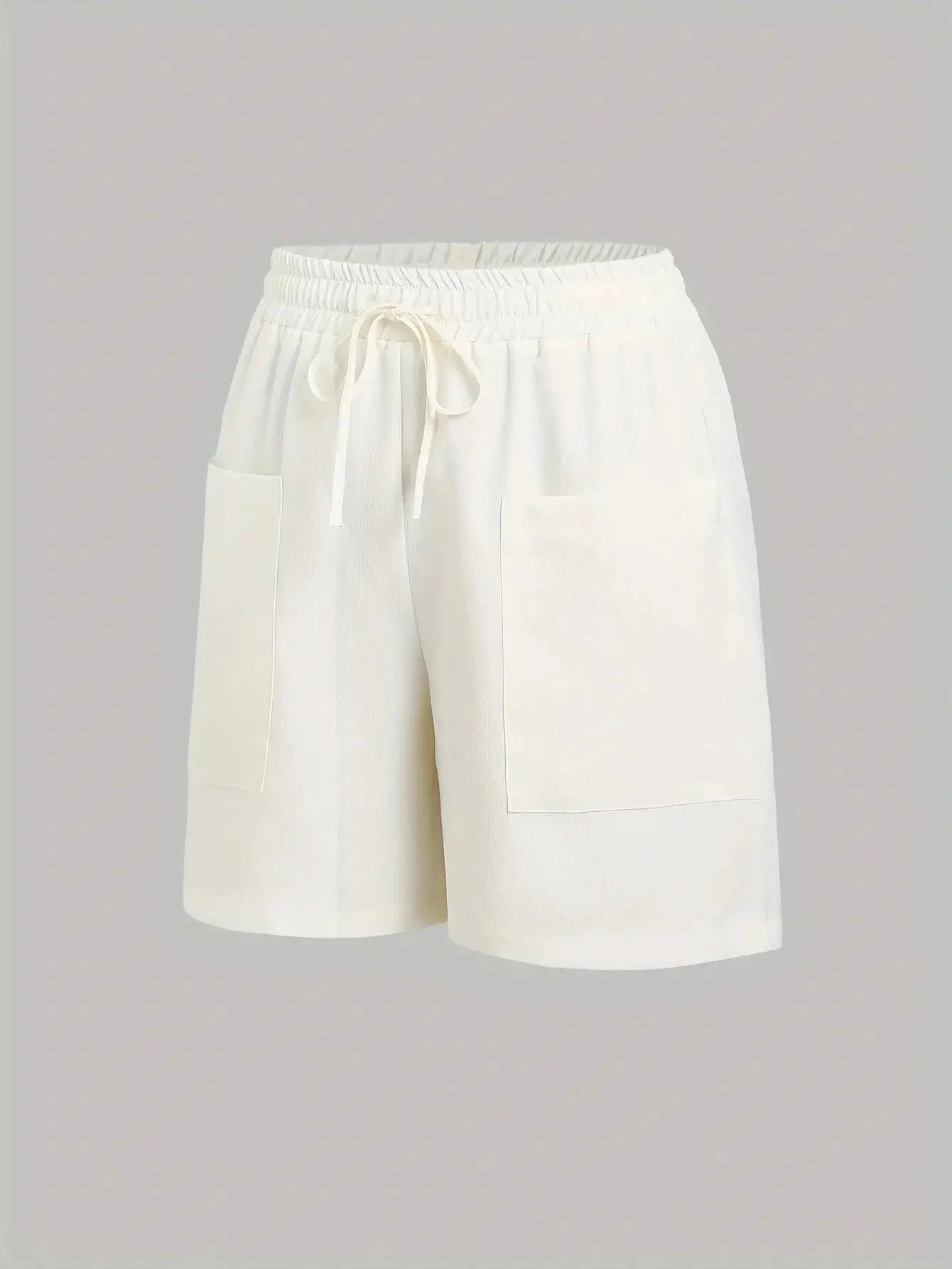 White drawstring shorts for women with front pockets and an elastic waistband