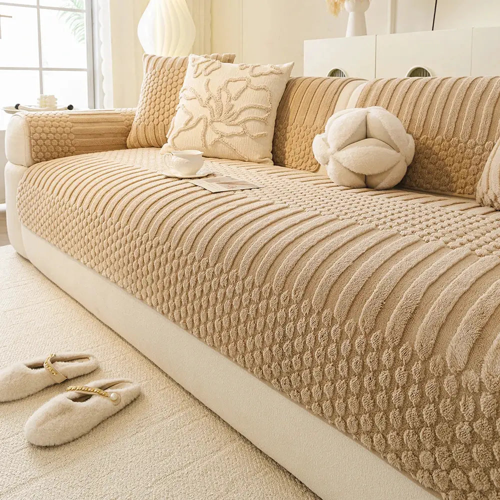 Sofa cover in beige geometric jacquard fleece with anti-slip fit for living room couch