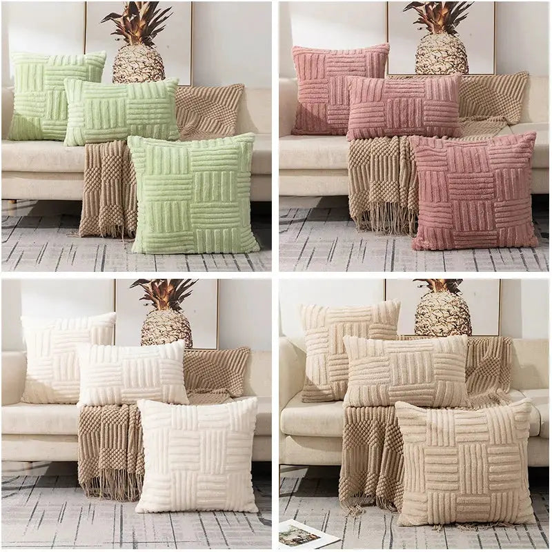 Boho faux fur plush throw pillow covers, set of 4 in cream, sage green, pink and beige on a sofa