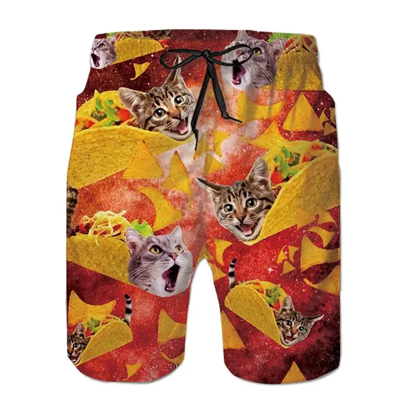 Men's board shorts with 3D cat faces and nacho chip pattern in bright red and yellow Hawaii-style print