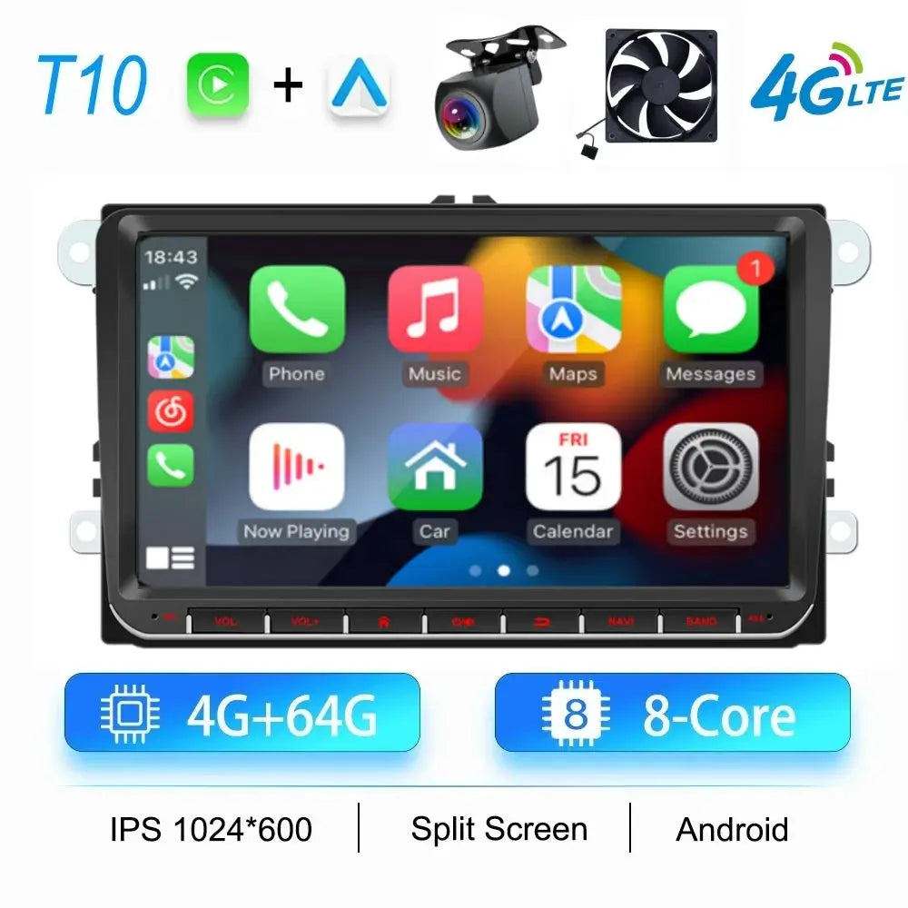 Black 2Din Android car radio head unit for VW/Skoda, 4G+64G, 8-core, IPS 1024x600, split screen GPS navigation