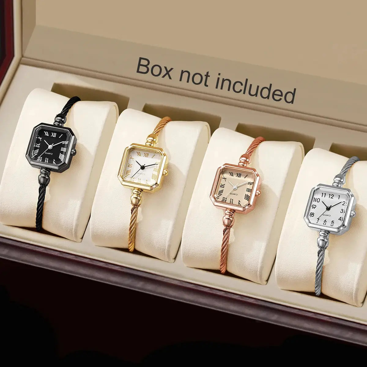 Set of 4 square Roma-dial women's quartz watches on braided bracelets in black, gold, rose gold, and silver