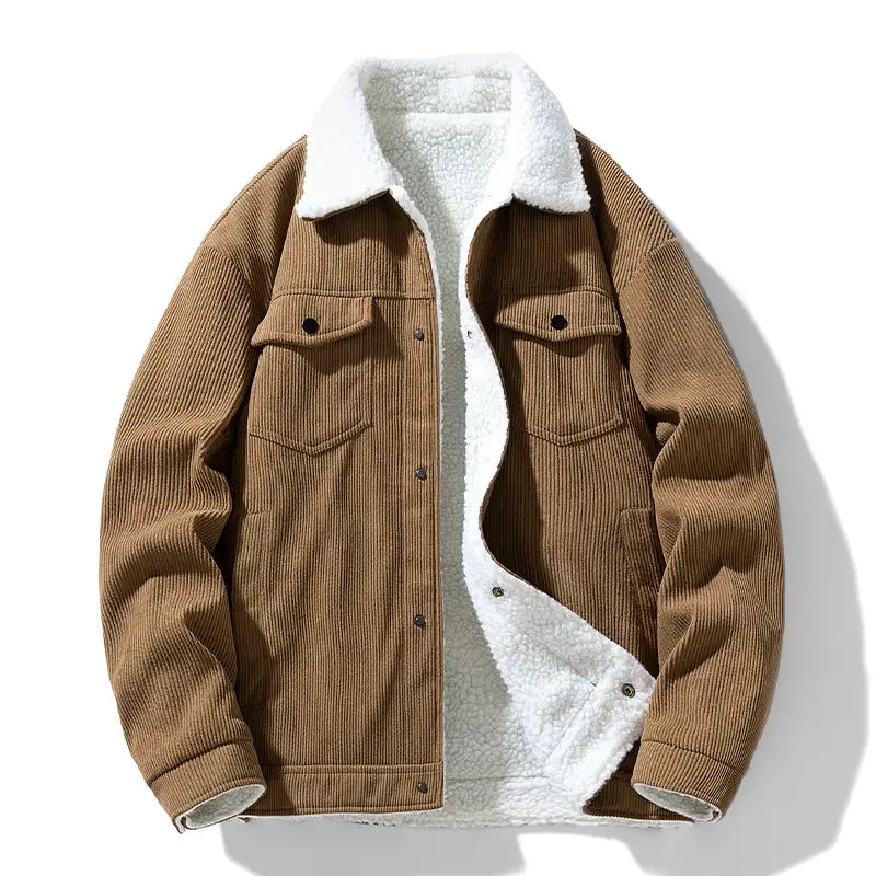 Men's brown corduroy jacket with white sherpa lining for warmth